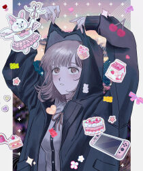 1girl alternate_hair_ornament arms_up blush bow breasts brown_hair cake carton cherry collared_shirt danganronpa_(series) danganronpa_2:_goodbye_despair dated_commentary ear_bow flipped_hair food fruit hair_ornament heart highres hood hope&#039;s_peak_academy_school_uniform jacket long_sleeves looking_up medium_hair nanami_chiaki neck_ribbon nintendo_switch nyub open_clothes open_jacket pink_bow pink_eyes pink_ribbon ribbon school_uniform shirt short_hair two-tone_shirt upper_body usami_(danganronpa) white_shirt wings