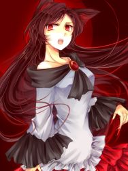 Rule 34 | 1girl, animal ears, brown hair, dress, fingernails, frilled sleeves, frills, imaizumi kagerou, kozuki kai, kutsuki kai, long fingernails, long hair, nail polish, neckerchief, red eyes, red nails, touhou, wolf ears