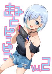Rule 34 | 1girl, bare legs, bare shoulders, blue eyes, blue hair, blue nails, copyright name, dutch angle, eyelashes, fang, fingernails, hair ornament, hairclip, highres, kimi to picopico, light blue hair, looking at viewer, looking up, nail polish, neck ribbon, nintendo switch, official art, onisaki ageha, open mouth, ribbon, short hair, short shorts, shorts, simple background, smile, solo, standing, torn clothes, torn shorts, yuzuchiri