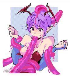 Rule 34 | 1girl, bare shoulders, blush, breasts, bridal gauntlets, capcom, fellatio, head wings, highres, irrumatio, lilith aensland, naizuri, nipples, one breast out, oral, paizuri, pointy ears, purple hair, rape, red eyes, restrained, small breasts, snegovski, strapless, tears, tentacles, upper body, vampire (game), wings