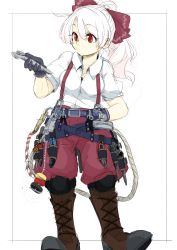 Rule 34 | 1girl, alternate costume, arm behind back, azumaya toushirou, bad id, bad pixiv id, baggy pants, belt, boots, bow, brown footwear, commentary request, cross-laced footwear, fujiwara no mokou, full body, gloves, hair between eyes, hair bow, hand up, highres, holding, holding wrench, knee pads, lace-up boots, long hair, pants, pants tucked in, pink hair, ponytail, red eyes, red pants, shirt, short sleeves, sketch, solo, standing, suspenders, tomboy, tools, touhou, utility belt, white shirt, wrench