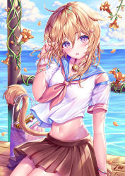 Rule 34 | 1girl, absurdres, animal ears, arm support, bag, blonde hair, blue sailor collar, blue sky, blush, bracelet, breasts, brown neckerchief, brown skirt, cat ears, cat girl, cat tail, chinese commentary, clothing cutout, cloud, collarbone, commentary, commentary request, cowboy shot, crop top, day, english commentary, fang, flower, groin, hair between eyes, hand up, highres, jewelry, looking at viewer, medium breasts, medium hair, midriff, mixed-language commentary, multicolored nails, nail polish, navel, neckerchief, ocean, original, parted lips, pleated skirt, purple eyes, sailor collar, school uniform, serafuku, shan far, shopping bag, short sleeves, shoulder cutout, sidelocks, signature, sitting, skin fang, skirt, sky, slit pupils, solo, tail, wrist cuffs