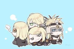 Rule 34 | 4boys, armor, aztec, black jacket, black pants, blonde hair, blue background, blue eyes, braid, chibi, cigarette, facepaint, fate/grand order, fate (series), full body, gold necklace, hair ornament, headdress, highres, jacket, jewelry, long hair, looking at viewer, male focus, multiple boys, multiple persona, necklace, orange-tinted eyewear, pants, short hair, simple background, skull, skull hair ornament, smoke, smoking, sunglasses, tezcatlipoca (fate), tezcatlipoca (second ascension) (fate), tezcatlipoca (third ascension) (fate), tezcatlipoca (young) (fate), tinted eyewear, toeless footwear, traditional clothes, twin braids, yutsuki (pixiv40202660)