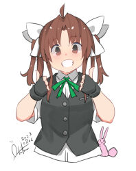 Rule 34 | 1girl, absurdres, adapted costume, black gloves, black vest, bow, brown eyes, brown hair, fingerless gloves, gloves, green ribbon, hair bow, heat haze (module), highres, inica, kagerou (kancolle), kantai collection, long hair, one-hour drawing challenge, rabbit, ribbon, school uniform, short sleeves, smile, twintails, vest, white bow
