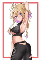 Rule 34 | 1girl, absurdres, armpits, ass, azur lane, back, black sports bra, blonde hair, blue eyes, blush, breasts, butt crack, commentary request, cowboy shot, hair between eyes, hand on own thigh, highres, l.j., large breasts, looking at viewer, marblehead (azur lane), marblehead (boxing girl!) (azur lane), midriff, multicolored hair, pants, shirt, short hair with long locks, sidelocks, simple background, sleeveless, smile, solo, sports bra, standing, track pants, two-tone hair, white background