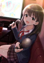 Rule 34 | 1girl, bench, blazer, blue jacket, bow, bowtie, brown eyes, brown hair, brown skirt, collarbone, commentary, cup, drink, drinking glass, drinking straw, hair strand, holding, holding microphone, jacket, karaoke, karaoke box, looking at viewer, medium hair, microphone, mugi (banban53), on bench, original, plaid, plaid skirt, red bow, red bowtie, red ribbon, ribbon, school uniform, sitting, skirt, solo, table, television, uniform