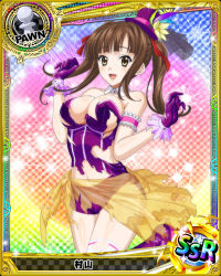 Rule 34 | 10s, 1girl, artist request, breasts, brown eyes, brown hair, card (medium), character name, chess piece, covered erect nipples, gloves, hair ribbon, hat, high school dxd, large breasts, mini hat, mini top hat, murayama (high school dxd), pawn (chess), purple gloves, ribbon, solo, thighhighs, top hat, torn clothes, trading card, twintails, white thighhighs