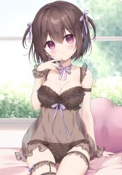 Rule 34 | 1girl, bare shoulders, black panties, bow, bow panties, breasts, brown hair, chemise, cleavage, closed mouth, collarbone, commentary request, covered navel, hair between eyes, hair ribbon, hand up, head tilt, heart, heart-shaped pillow, highres, looking at viewer, medium breasts, miyasaka naco, navel, original, panties, pillow, purple ribbon, red eyes, ribbon, see-through, sitting, smile, solo, thigh gap, two side up, underwear, underwear only, wrist cuffs