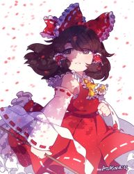 Rule 34 | 1girl, ascot, bad id, bad pixiv id, blush, brown eyes, brown hair, detached sleeves, gohei, hair ribbon, hair tubes, hakurei reimu, japanese clothes, long sleeves, looking to the side, miko, parted lips, petals, ribbon, ringed eyes, shirt, simple background, skirt, skirt set, solo, starry shizen, touhou, white background, wide sleeves