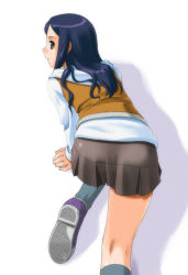 Rule 34 | 00s, 1girl, all fours, ass, blue hair, from above, from behind, fuuka academy school uniform, green eyes, kuga natsuki, long hair, long sleeves, my-hime, school uniform, shadow, simple background, skirt, solo, umekichi, white background