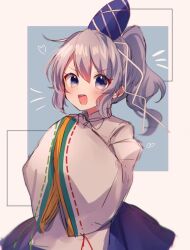 Rule 34 | 1girl, blue eyes, blue hat, blue skirt, blush, grey hair, hair between eyes, hat, heart, japanese clothes, kariginu, long hair, mononobe no futo, moshihimechan, one-hour drawing challenge, open mouth, pom pom (clothes), ponytail, ribbon-trimmed sleeves, ribbon trim, skirt, sleeves past fingers, sleeves past wrists, smile, solo, tate eboshi, touhou, wide sleeves