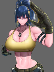 Rule 34 | 1girl, abs, armlet, bare shoulders, belt, blue eyes, blue hair, breasts, cleavage, collarbone, dog tags, earrings, gloves, highres, huge breasts, jewelry, large breasts, leona heidern, muscular, muscular female, ponytail, pouch, solo, tank top, the king of fighters, the king of fighters xiv, the king of fighters xv, toned, triangle earrings, wolffeld price, yellow tank top