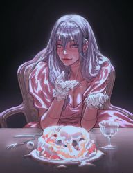 Rule 34 | 1girl, alternate costume, bird, black background, blue eyes, breasts, cake, cherry, cleavage, crow, cup, dress, drinking glass, earrings, eyeball, food, food on face, food on hand, fork, fruit, genderswap, genderswap (mtf), gloves, gown, grey hair, heterochromia, highres, jewelry, jujutsu kaisen, knife, long hair, looking at viewer, mahito (jujutsu kaisen), medium breasts, messy, pink dress, simple background, sitting, skull, solo, stitched arm, stitched face, stitched neck, stitches, table, twitter username, wengwengchim