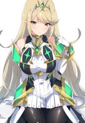 Rule 34 | 1girl, absurdres, bare shoulders, black pantyhose, blonde hair, breasts, chest jewel, dress, drop earrings, earrings, elbow gloves, gloves, highres, jewelry, large breasts, latte, light blush, long hair, microskirt, mythra (massive melee) (xenoblade), mythra (xenoblade), neon trim, pantyhose, short dress, sitting, skirt, sleeveless, sleeveless dress, solo, swept bangs, tiara, very long hair, white dress, white gloves, white skirt, wide hips, xenoblade chronicles (series), xenoblade chronicles 2, yellow eyes