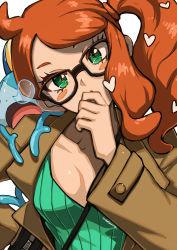 Rule 34 | 1girl, aqua eyes, bag, blush stickers, breasts, cleavage, coat, covering own mouth, creatures (company), eudetenis, eyelashes, game freak, gen 8 pokemon, glasses, hair ornament, heart, heart hair ornament, highres, long sleeves, nintendo, nose bubble, open mouth, orange hair, pokemon, pokemon (creature), pokemon swsh, side ponytail, sleeping, smile, sobble, solo focus, sonia (pokemon), upper body