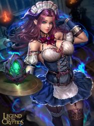 Rule 34 | 1girl, blue dress, blue eyes, blue gloves, breasts, cleavage, dress, gloves, holding, indoors, large breasts, legend of the cryptids, long hair, looking at viewer, maid, maid headdress, neoartcore, purple hair, solo, standing, thighhighs