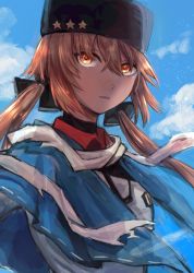 Rule 34 | 1girl, black hat, blue shawl, brown eyes, brown hair, cloud, day, fur hat, hagioshi, hair between eyes, hair ribbon, hat, highres, kantai collection, long hair, low twintails, open mouth, outdoors, papakha, ribbon, scarf, shawl, sky, solo, star (symbol), tashkent (kancolle), torn clothes, torn scarf, twintails, upper body, white scarf