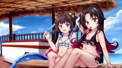 Rule 34 | 2girls, :d, arm behind head, arm up, bare arms, bare shoulders, bench, bikini, black bikini, black hair, blue bikini, blue sky, blush, bow, chrisandita, cloud, collarbone, day, double bun, food, food in mouth, gradient hair, hair bow, hair bun, hair ribbon, highres, hinatsuru ai, holding, holding food, horizon, innertube, knees up, letterboxed, long hair, mouth hold, multicolored hair, multiple girls, navel, ocean, on bench, open mouth, outdoors, parted bangs, polka dot, polka dot bikini, popsicle, railing, red bow, red eyes, red hair, ribbon, ryuuou no oshigoto!, signature, sitting, sky, smile, swim ring, swimsuit, twintails, v-shaped eyebrows, very long hair, water, yashajin ai, yellow ribbon