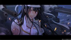 Rule 34 | 1girl, aiguillette, black hair, breasts, cannon, detached sleeves, epaulettes, floral print, fusou (kancolle), fusou kai ni (kancolle), hair ornament, headband, highres, japanese clothes, kantai collection, large breasts, long hair, nolia, nontraditional miko, red eyes, rigging, solo, turret, upper body, white headband