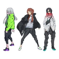 Rule 34 | 3girls, aqua footwear, bad id, bad twitter id, bag, black bag, black footwear, black hair, black jacket, black legwear, black pants, blue eyes, brown hair, cancell, covered mouth, gradient clothes, green eyes, green jacket, grey hair, hair between eyes, hand in pocket, hands in pockets, highres, jacket, long hair, multicolored clothes, multicolored footwear, multiple girls, original, pants, purple eyes, purple footwear, red jacket, shoes, short eyebrows, simple background, sleeves past wrists, sneakers, standing, white background, white footwear, white jacket