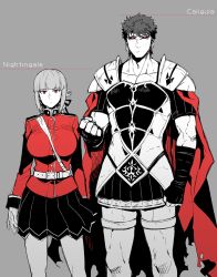 Rule 34 | 1boy, 1girl, armor, between breasts, black sclera, black skirt, breasts, caligula (fate), cape, colored sclera, fate/grand order, fate (series), florence nightingale (fate), greco-roman clothes, height difference, koshiro itsuki, limited palette, long hair, muscular, partially colored, red cape, red eyes, roman clothes, short hair, skirt, strap between breasts