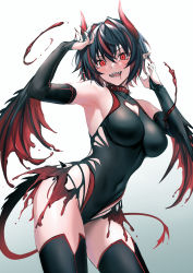Rule 34 | 1girl, :d, absurdres, armpits, arms up, bare shoulders, black hair, black leotard, black thighhighs, blood, breasts, bridal gauntlets, cleavage, cleavage cutout, clothing cutout, collar, commentary request, contrapposto, covered navel, cowboy shot, demon girl, demon horns, demon tail, demon wings, ear piercing, fingernails, floating, gradient background, heart cutout, hemokinesis, highres, horns, large breasts, leotard, long fingernails, looking at viewer, multicolored hair, nail polish, open mouth, original, piercing, pointy ears, red eyes, red hair, red nails, red wings, sharp fingernails, sharp teeth, short hair, smile, solo, spiked collar, spikes, streaked hair, tail, teeth, thighhighs, two-tone hair, ulrich (tagaragakuin), v-shaped eyebrows, very long fingernails, white background, wings