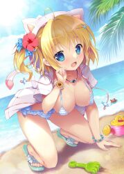 Rule 34 | 1girl, animal ear headwear, beach, bikini, blonde hair, blue eyes, blush, bracelet, breasts, cat tail, cleavage, collar, crab, day, fake animal ears, flower, hair flower, hair ornament, highres, jacket, jewelry, large breasts, looking at viewer, medium hair, mikeou, multicolored bikini, multicolored clothes, necklace, ocean, open clothes, open jacket, open mouth, original, outdoors, ribbon, sandals, smile, solo, striped bikini, striped clothes, swimsuit, tail, toy, white headwear