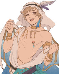 Rule 34 | 1boy, armlet, bracelet, brown eyes, brown hair, collar, earrings, gold collar, gran (granblue fantasy), granblue fantasy, highres, iatromantis (granblue fantasy), jewelry, male focus, mms gh10, nipple piercing, nipples, official alternate costume, open mouth, piercing, short hair, simple background, single earring, smile, solo, white background
