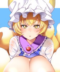 Rule 34 | 1girl, :o, animal ears, blonde hair, blue background, blush, breasts, breasts out, cleavage, fox ears, fox tail, frills, huge breasts, looking at viewer, multiple tails, open mouth, out-of-frame censoring, paid reward available, paid reward available, short hair, simple background, solo, tail, touhou, upper body, wildcat (kusonemi), yakumo ran, yellow eyes