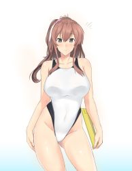 Rule 34 | 1girl, bad id, bad pixiv id, blue background, brown hair, clipboard, collarbone, commentary request, competition swimsuit, cowboy shot, gradient background, grey eyes, highleg, highleg swimsuit, kantai collection, long hair, looking at viewer, moose (moosemitchell2), one-piece swimsuit, ponytail, saratoga (kancolle), side ponytail, sidelocks, smile, solo, standing, swimsuit, white background, white one-piece swimsuit