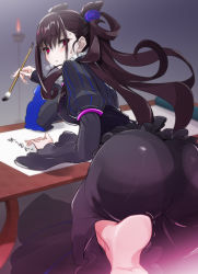 Rule 34 | 1girl, ass, barefoot, black dress, black hair, blush, breasts, calligraphy brush, candlestand, cone hair bun, dress, fate/grand order, fate (series), frown, hair bun, hair ornament, highres, kneeling, large breasts, long hair, looking at viewer, murasaki shikibu (fate), paintbrush, parted lips, red eyes, sleeves past wrists, solo, sweatdrop, table, trembling, vane (vane0)