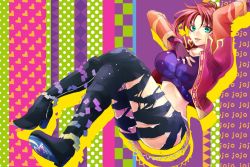 Rule 34 | 1girl, ass, bloody stream, blue eyes, boots, breasts, colorful, crop top, fingerless gloves, genderswap, genderswap (mtf), gloves, hortensias, impossible clothes, impossible shirt, jacket, jojo no kimyou na bouken, joseph joestar, joseph joestar (young), large breasts, midriff, official alternate costume, pants, red hair, red jacket, shirt, solo, torn clothes, torn pants