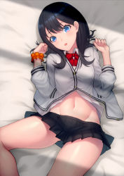 Rule 34 | 10s, 1girl, black hair, black skirt, blue eyes, blush, bow, bowtie, breasts, buttons, gridman universe, hip focus, kyoeiki, long hair, looking at viewer, lying, medium breasts, miniskirt, navel, on back, on bed, open mouth, pleated skirt, red bow, red bowtie, scrunchie, skirt, solo, ssss.gridman, sweater, swept bangs, takarada rikka, thighs, white sweater, wrist scrunchie