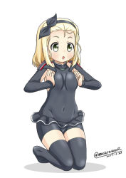 Rule 34 | 1girl, arm warmers, bike shorts, black hairband, black skirt, black thighhighs, blonde hair, bodysuit, breast conscious, breasts, breasts squeezed together, dated, diving suit, full body, green eyes, hairband, kantai collection, kneeling, luigi torelli (kancolle), masara (chuujou), medium breasts, microskirt, open mouth, pleated skirt, sideboob, simple background, skirt, solo, thighhighs, twitter username, uit-25 (kancolle), wetsuit, white background