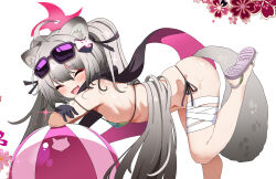 Rule 34 | 1girl, absurdres, ahoge, animal ear fluff, animal ears, ass, ball, bandaged leg, bandages, bare shoulders, beachball, bent over, bikini, black scarf, blue archive, blush, breasts, closed eyes, crossed arms, eyewear on head, feet up, grey hair, hair ornament, halo, highres, long hair, looking at viewer, michiru (blue archive), official alternate costume, open mouth, paid reward available, raccoon ears, raccoon girl, raccoon tail, scarf, side-tie bikini bottom, simple background, small breasts, smile, solo, standing, standing on one leg, string bikini, sunglasses, swimsuit, sylph kim, tail, twintails, very long hair, white background