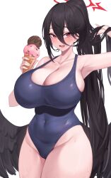 Rule 34 | 1girl, armpits, bare shoulders, black hair, black wings, blue archive, blue one-piece swimsuit, blush, breasts, collarbone, commentary, covered navel, cowboy shot, feathered wings, food, groin, hair between eyes, halo, hand in own hair, hands up, hasumi (blue archive), high ponytail, highleg, highleg swimsuit, highres, holding, holding food, huge breasts, ice cream, kuavera, long hair, looking at viewer, low wings, mole, mole under eye, one-piece swimsuit, open mouth, smile, solo, swimsuit, thick thighs, thighs, very long hair, wet, wings