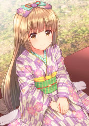 Rule 34 | 10s, 1girl, absurdres, blush, bow, brown eyes, cherry blossom print, commentary request, floral print, green bow, hair bow, hands on lap, highres, idolmaster, idolmaster cinderella girls, japanese clothes, keffiy, kimono, light brown hair, long hair, looking at viewer, looking to the side, purple bow, purple kimono, sash, sitting, smile, solo, very long hair, wide sleeves, yorita yoshino