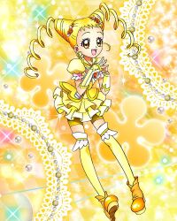 Rule 34 | 1girl, bike shorts under skirt, blonde hair, boots, butterfly brooch, butterfly earrings, cure lemonade, drill hair, earrings, full body, highres, jewelry, kasugano urara (yes! precure 5), long hair, official art, open mouth, precure, precure connection puzzlun, shorts, smile, solo, thigh boots, third-party source, twin drills, yellow eyes, yellow footwear, yellow shorts, yellow theme, yes! precure 5, yes! precure 5 gogo!