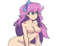 Rule 34 | 1girl, :/, arched back, bow, breasts, closed mouth, collarbone, cowboy shot, doce, earrings, female focus, green eyes, hair bow, highres, jewelry, long hair, no nipples, nude, pink hair, simple background, solo, stylist (terraria), terraria, white background