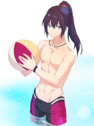 Rule 34 | 1boy, abs, ball, beachball, black hair, black male swimwear, black swim trunks, black wristband, blue eyes, collarbone, cyacyacyacyaki, from side, hair ornament, highres, holding, holding ball, holding beachball, jewelry, looking at viewer, looking to the side, male focus, male swimwear, multicolored male swimwear, multicolored swim trunks, navel, necklace, noah (xenoblade), official alternate costume, partially submerged, pectorals, ponytail, red male swimwear, red scrunchie, red swim trunks, scrunchie, smile, solo, swim trunks, swimsuit, topless, topless male, wading, water, wristband, xenoblade chronicles (series), xenoblade chronicles 3