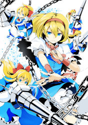Rule 34 | 1girl, alice margatroid, alternate hairstyle, blonde hair, blue eyes, bow, capelet, chain, emerane, female focus, hair bow, hairband, lance, light smile, long hair, mouth hold, polearm, ponytail, shanghai doll, shield, short hair, smile, solo, string, touhou, twintails, weapon