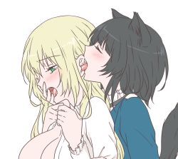 Rule 34 | 10s, 2girls, animal ears, atago (kancolle), bad id, bad pixiv id, black hair, blonde hair, blush, breasts, cleavage, closed eyes, dog ears, dog tail, dress shirt, ear licking, female focus, green eyes, kantai collection, kemonomimi mode, large breasts, licking, long hair, multiple girls, no headwear, open mouth, shirt, simple background, tail, takao (kancolle), tongue, tongue out, udon (shiratama), upper body, white background, yuri