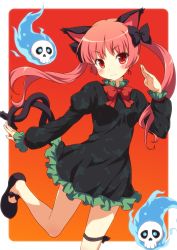 Rule 34 | 1girl, :3, alternate hairstyle, animal ears, black footwear, blush, bow, braid, bug, butterfly, cat ears, cat girl, cat tail, dragonfly, dress, extra ears, female focus, ghost, gradient background, hair bow, highres, insect, intertwined tails, jpeg artifacts, kaenbyou rin, long hair, md5 mismatch, multiple tails, no socks, outside border, red background, red eyes, red hair, shoes, skull, smile, solo, tail, thigh strap, touhou, twin braids, twintails, yamasan