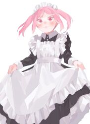Rule 34 | 1girl, alternate costume, apron, black dress, dress, enmaided, feet out of frame, frilled apron, frills, kantai collection, maid, maid headdress, pink eyes, pink hair, sazanami (kancolle), short hair, skirt hold, solo, suppaman (rfjy), twintails, white apron