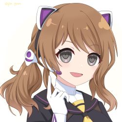 Rule 34 | 1girl, animal ears, assault lily, black sailor collar, black shirt, brown hair, cat ears, commentary request, fake animal ears, gradient background, grey eyes, hand up, headset, highres, iijima renka, index finger raised, looking at viewer, low ponytail, neckerchief, official alternate costume, open mouth, piatin, portrait, sailor collar, sailor shirt, shirt, side ponytail, smile, solo, swept bangs, twitter username, undershirt, white background, white shirt, yellow background, yellow neckerchief