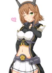 Rule 34 | 1girl, alternate costume, arm behind back, breasts, brown hair, chestnut mouth, commentary request, cowboy shot, gloves, green eyes, hairband, head tilt, heart, kantai collection, linfa (futari midara), looking at viewer, medium breasts, midriff, mutsu (kancolle), navel, one eye closed, open mouth, pleated skirt, pointing, short hair, skirt, solo, standing, white skirt