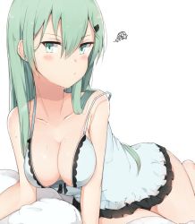 Rule 34 | 10s, 1girl, alternate costume, aqua eyes, aqua hair, bare shoulders, breasts, cleavage, closed mouth, cole (coleltu), collarbone, commentary, eyebrows, hair between eyes, hair ornament, hairclip, kantai collection, large breasts, long hair, looking at viewer, out of frame, simple background, solo, strap slip, suzuya (kancolle), white background