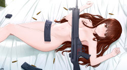 Rule 34 | 1girl, absurdres, assault rifle, breasts, brown eyes, brown hair, bullet, cartridge, gun, h&amp;k hk33, highres, hk33e (upotte!!), hyo (lhyorin), legs, long hair, lying, navel, nude, on back, rifle, solo, upotte!!, weapon