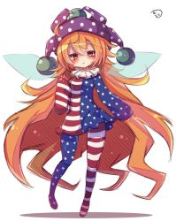 Rule 34 | 1girl, :&lt;, absurdly long hair, american flag dress, american flag legwear, blonde hair, blush, clownpiece, commentary request, dress, fairy wings, full body, hat, highres, jester cap, long hair, looking at viewer, muuran, neck ruff, orange hair, pantyhose, petite, polka dot, short dress, signature, sleeves past wrists, solo, standing, star (symbol), star print, striped clothes, striped pantyhose, team shanghai alice, touhou, very long hair, wide hips, wings, yellow eyes