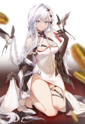 Rule 34 | 1girl, absurdres, animal, animal on hand, apc556 (girls&#039; frontline), apc556 (magnolia&#039;s ballad) (girls&#039; frontline), barefoot, bird, bird hair ornament, black gloves, black sleeves, blue eyes, braid, breasts, brown background, china dress, chinese clothes, cleavage, closed mouth, commentary, commission, covered navel, detached sleeves, dress, elbow gloves, flower, full body, girls&#039; frontline, gloves, gradient background, hair between eyes, hair flower, hair ornament, halter dress, halterneck, hand up, highres, large breasts, long hair, looking at viewer, on one knee, pixiv commission, rein yukimatsu, side slit, skirt hold, solo, swallow (bird), tassel, tassel hair ornament, thigh strap, torn clothes, torn sleeves, very long hair, white background, white dress, white flower, white hair, wide sleeves